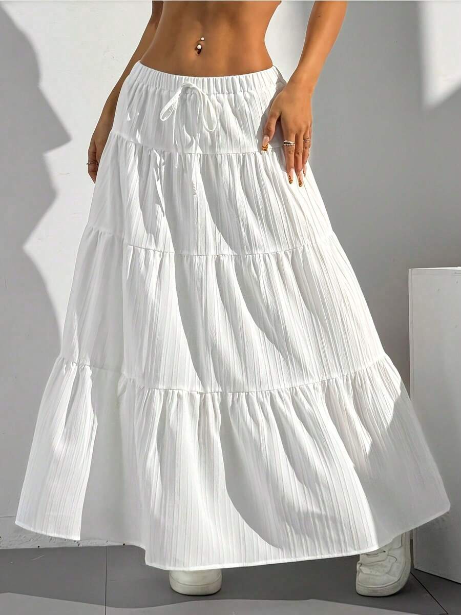Plus Size Women's Solid Color Elastic Waist Tie Patchwork A-Line Long Skirt, Loose Fit, Spring/Summer White - White - View 1
