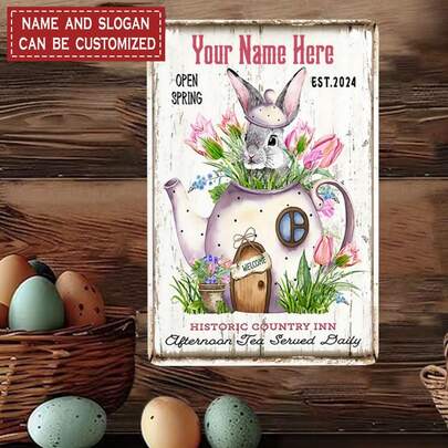 Customizable Easter Bunny Metal Sign - Personalized Vintage Farmhouse Spring Wall Decor With Floral Design, Suitable For Home Or Living Room Decoration, 8x12 Inches (20x30 Cm)
