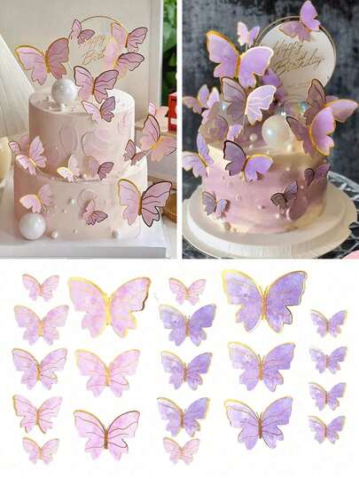 10/20/40pcs Butterfly Cake Decorations, 3D Paper Butterfly Cupcake Toppers, Women Birthday Anniversary Party Decor, Pink & Purple Butterfly Wall Stickers Backdrop, Suitable For Wedding, Party, Birthday, Anniversary, Theme Party, Decoration, Home, Cake