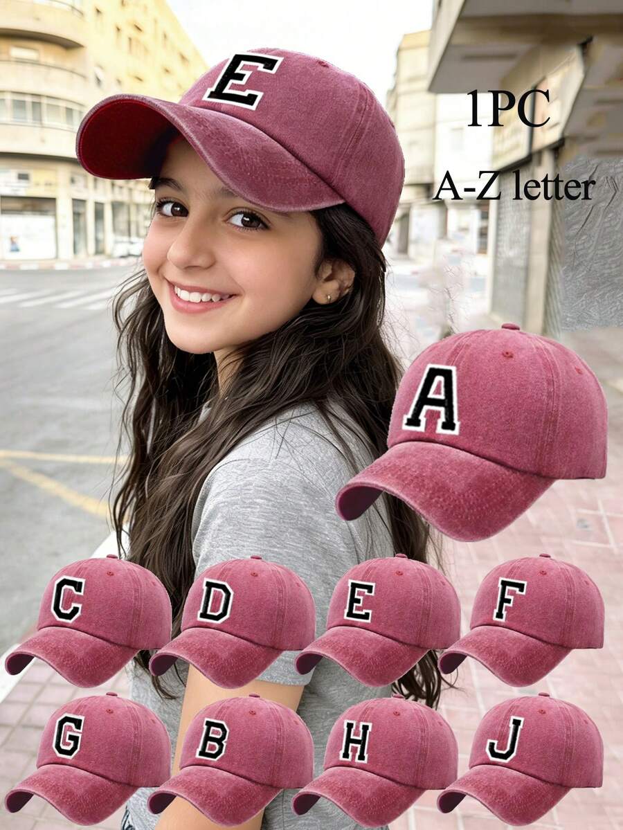 1顶26字母印花水洗棒球帽，适合儿童在假期和返校派对上佩戴 - 酒紅 - 查看 1