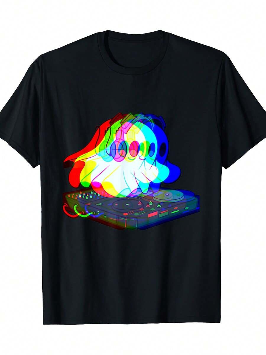 Men Neon DJ Graphic T-Shirt Glowing Techno Music Design With Soundwave Vinyl Record Print All-Season Comfort Crew Neck Short Sleeve Tee For Rave Parties Nightclub Outfits Casual Wear Music Events Machine Washable Black Shirt For Men Festival Clothing Streetwear Fashion Retro Futuristic Style T Shirt For Men Men Graphic Tee Graphic Tee Men T-Shirt For Men Men Clothe Men Shirt - Black - View 1