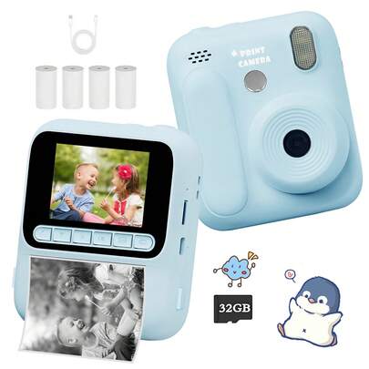 2.4英寸屏幕即时打印相机，适合3-12岁儿童，支持1080P视频录制，非常适合儿童生日派对和家庭旅行。