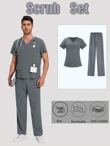 Conjunto de uniforme de enfermero para hombres, con parte superior y pantalones elásticos con múltiples bolsillos, ropa de trabajo para médicos/enfermeros - Gris - Ver 1