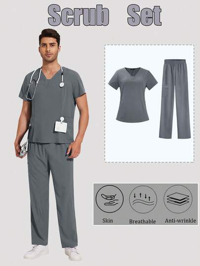 男士护士制服套装，弹性上衣和裤子，多口袋设计，医生/护士工作服
