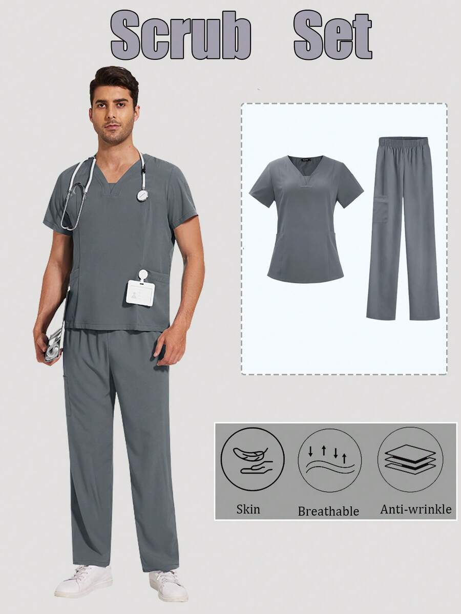 Conjunto de uniforme de enfermero para hombres, con parte superior y pantalones elásticos con múltiples bolsillos, ropa de trabajo para médicos/enfermeros - Gris - Ver 1