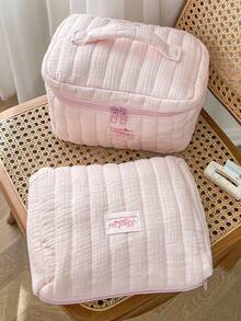Pink Striped Quilted Makeup Bag Portable Storage Bag With Zipper Handheld Bag Travel Washbag Large Opening Zipper Design Makeup Bag - Pink - View 2