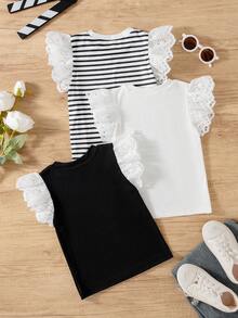 3pcs/Set Young Girl Casual Striped Sleeveless T-Shirt Tops, Fashion For Spring/Summer - Multicolor - View 2