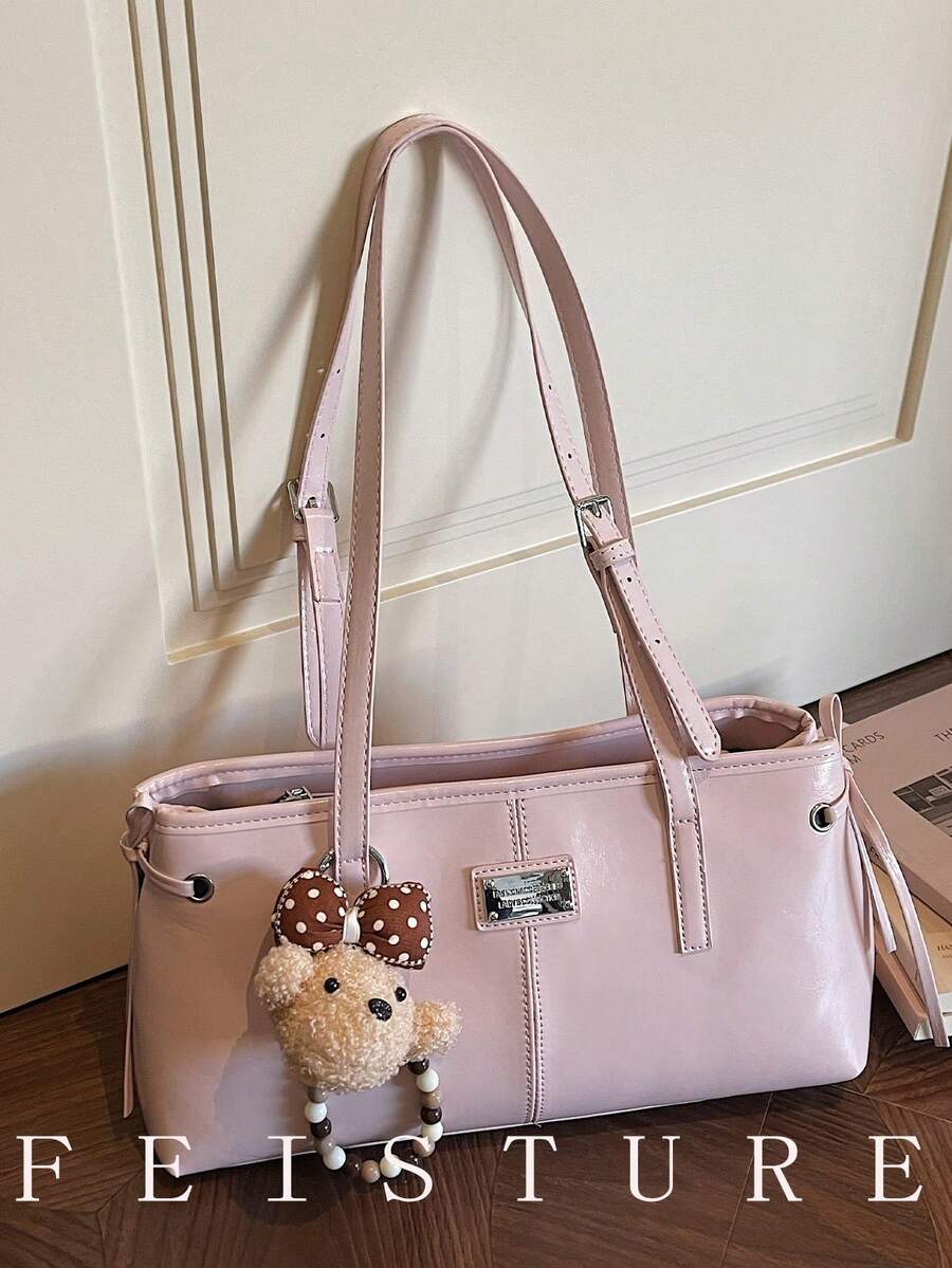 1pc Solid Color PU Fabric Pink Underarm Bag, Large Capacity Women's Commuter Bag, With Pendant, Suitable For Girls, Ladies, College Students, Career Starters, And Office Workers, Great For Work, Business, Commuting, And School - Pink - View 1