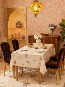 1pc Elegant Beige Rectangular Tablecloth, Featuring Colorful Lanterns, Floral Patterns And Golden Moon Design, Machine Washable, Suitable For Dining Table, Coffee Table, Kitchen, Dining Room, Living Room, Parties, Celebrations, Festivals, Gifts - Multicolor - View 13