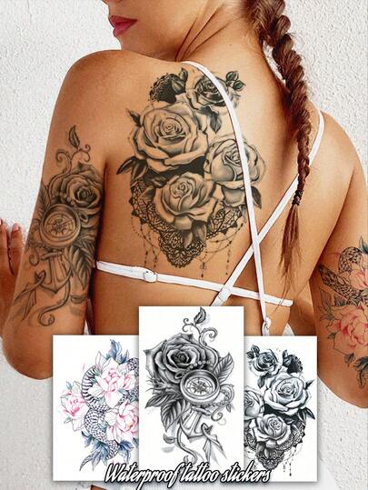 3张花卉链条印花临时纹身贴纸，彩色蛇纹玫瑰花纹身贴纸，适合女性和女孩，可持续3-5天，可遮盖疤痕，适用于腰部、胸部、手臂、腿部或背部，非常适合派对、礼物、度假，易于粘贴和去除的身体艺术纹身贴纸。