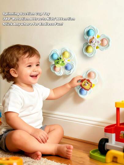 3個 カラフルなカートゥーン動物柄 吸盤式スピニングトップ - 子供のための楽しい感覚玩具、吸盤式スピニングおもちゃ、ベビーフィンガースピナー、感覚玩具、教育玩具、バスおもちゃ、ハイチェアおもちゃ、ベビースイミングプールおもちゃ、ベビー用品