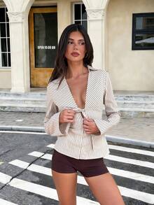 Áo sơ mi nữ thời trang đường phố gợi cảm, cổ áo kẻ sọc buộc dây. - Nhiều màu - Xem 5