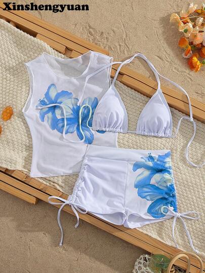 Conjunto de bikini de lujo para salida casual, fiesta en la playa, con 3 piezas: top sin mangas con estampado de flores posicionado, pantalones plisados con cordón a los lados, y almohadilla desmontable. Elegante y estilizador, con estilo europeo y americano para Año Nuevo y San Valentín.