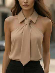 Women's Sleeveless Woven Fabric Blouse With Shirt Collar Twist Knot Detail Regular Length - Apricot - View 1