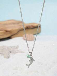 1pc Popular Women Fashionable Beach & Ocean Theme Personalized Shark Natural Stone Pendant Necklace, Ideal Gift For Wedding, Engagement Party, Halloween - Bạc - Xem 9