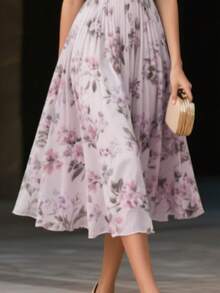 优雅无袖碎花雪纺连衣裙 - 浪漫V领收腰喇叭裙，春夏度假 - 淡紫色 - 查看 4