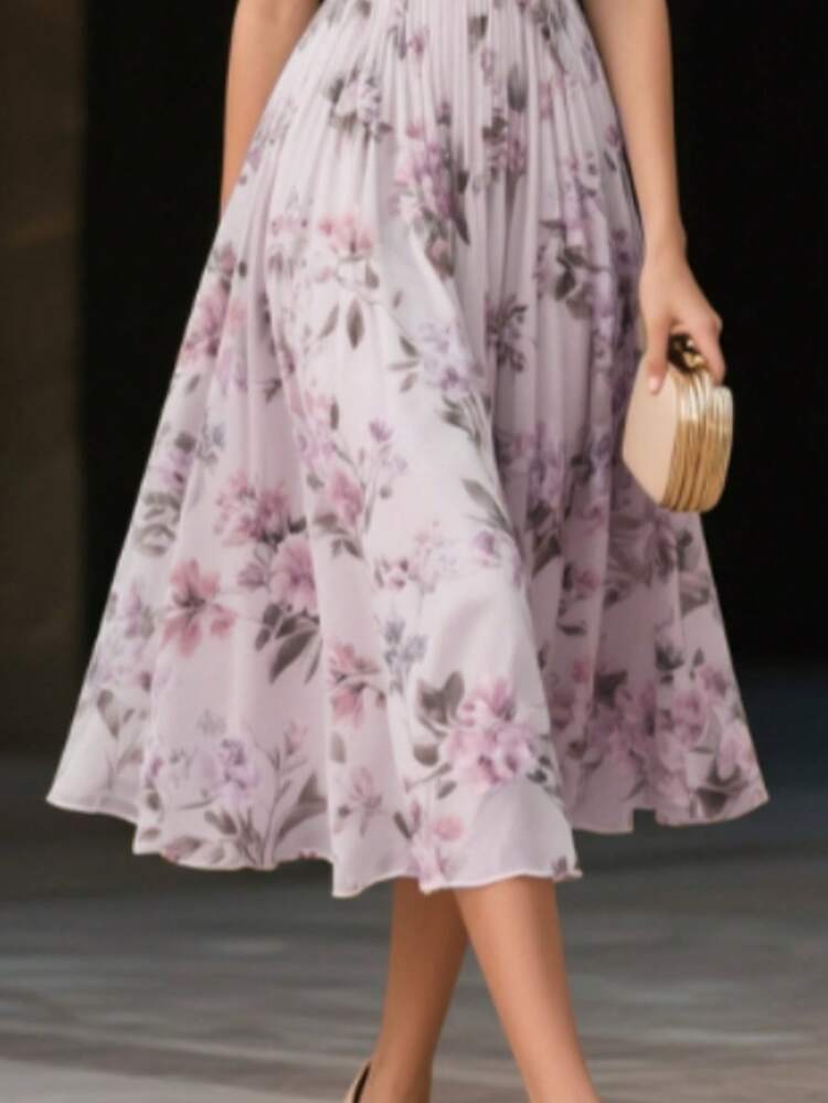 Vestido de gasa floral vintage elegante de largo medio, sin mangas, cuello en V, silueta evasé, para mujeres - Púrpura malva - Ver 5