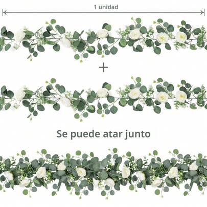 1pc 6ft Artificial Eucalyptus Wreath With 10 White Roses And Gypsophila, Faux Floral Wreath, Green Foliage Wreath, Suitable For Weddings, Spring Home Parties, Crafts, Table Runners, Autumn Decor, Dining Table Decor, Valentine's Day