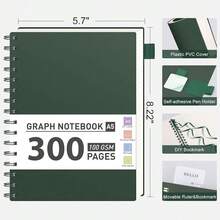 Graph Paper Notebook, 300 Pages Spiral Notebook Journal, A5 Grid Paper Notebook, 100gsm Thick Paper, Plastic Hardcover Journals For Schoolsss Writing Engineering Math, 5.7\ X 8.3\, Green - Green - View 5