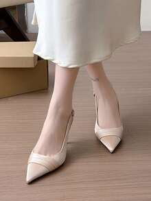 女士尖头细高跟鞋，香槟色缎面鞋面，优雅踝带一体式搭扣高跟凉鞋，适合搭配连衣裙、婚礼、派对、情人节等场合，时尚百搭的露趾高跟鞋 - 香檳色 - 查看 4