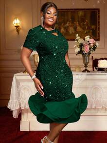 Plus Size Sequin Mermaid Ruffle Hem Gorgeous Festival Party Dress Short Sleeve Wedding Guest Outfits - Màu xanh lá cây đậm - Xem 5
