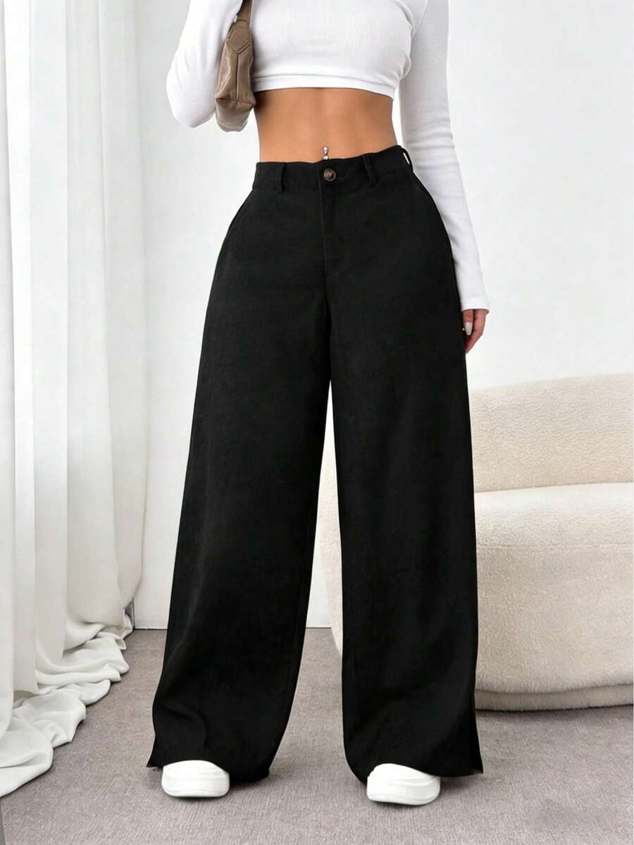 High Waist Slant Pocket Flared Leg Pants, Contrast Color Velvet Button Pockets, Suitable For School And Office - Black - View 1