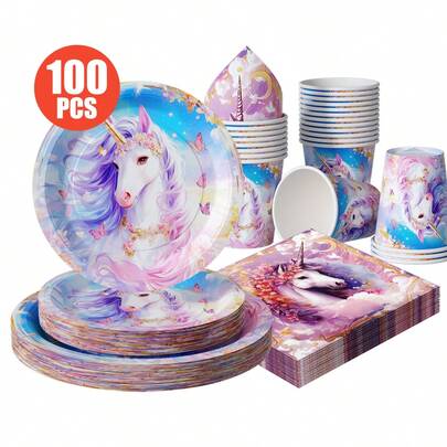 Unicorn & Floral Disposable Plates, Napkins, Cups - One-Time Party Supplies Set, Fits 25 Guests, Disposable Paper Plates Suitable For Birthday, Wedding, Theme Party, Family Picnic