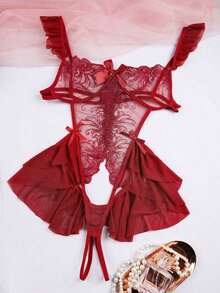 Lingerie Hot Open Lace Seduction Jumpsuit Bodysuit - 酒紅色 - 查看 10