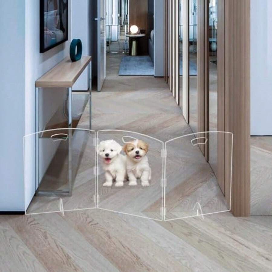Puerta de perro transparente independiente para uso en interiores puertas para mascotas para puertas sin perforación puerta de perro acrílica plegable para escaleras con pies de soporte 3 paneles - Por supuesto - Ver 1