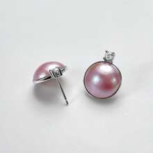 Da'ra 13-14mm Pink Seawater Mabe Pearl 925 Sterling Silver Earrings, Bordered With Sparkling Diamonds, Rounded Pearl Body Fits Comfortably Against Ear, Every Glance Is Heartwarming. Order Includes Custom Gift Box, Turning The Warmth Of The Deep Sea Into A Personalized Earscape. - Baby Pink - View 2