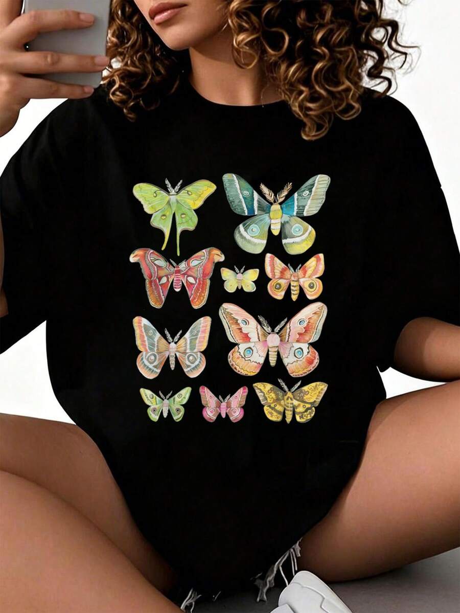 Camiseta de la Colección de Mariposas para Cualquiera que Amara las Mariposas Camiseta 2026 nuevas camisetas impresas para mujeres, estilos populares, camisetas de primavera para mujeres, camisetas de invierno, camisetas de para mujeresás vendidas - Negro - Ver 1