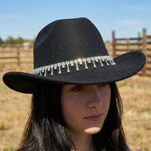 Stylish White Western Cowboy Hat With Rhinestone  Fringe For Party  Vacation - Black - View 8