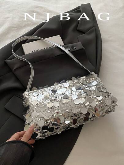 1pc Quilted Zipper Closure PVC Sequin Baguette Bag, Fashion Design Handbag, Shiny Sequin Clutch Bag For Women, Stylish Tote Bag, Large Capacity Party Bag, Shiny Baguette Shoulder Bag/Clutch Suitable For Women To Attend Banquets And Parties