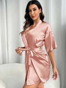 1pc Women's Solid Color Short Sleeve Bathrobe, Suitable For Spring/Summer Wear At Home, Solid Color Short Sleeve Bathrobe - Suitable For Spring/Summer, Home, Hotel, Party And Other Occasions, Can Also Be Worn In Winter Bathroom Decor - Pink - View 3