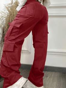 酒红色多口袋纽扣休闲Y2K风格优雅可爱轻便工装裤，适合返校、毕业典礼、俱乐部、生日派对、万圣节、感恩节、音乐会、健身房、海滩、办公室、日常穿着、户外、运动、机场、街头、教师节、春季、夏季、秋季、冬季等场合。 - 酒紅色 - 查看 6