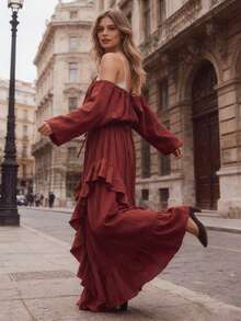 Women's Fall Ruched Dress Elegant Solid Color Long Sleeve Scoop Neck Loose Fit Dress For Daily Event Wear - Red - View 8