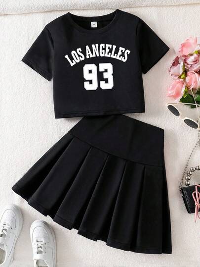 Tween Girl Letter Print T-Shirt And Pleated Skirt Set