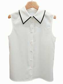 女士优雅通勤白色无袖衬衫，单排扣领，配可拆卸黑色撞色领带，春夏款 - 白色 - 查看 4