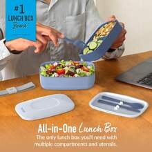 Stackable 3 Compartment Lunch Box With Utensils Strap Perfect For Meal Prep On The Go - 石板 - 查看 2