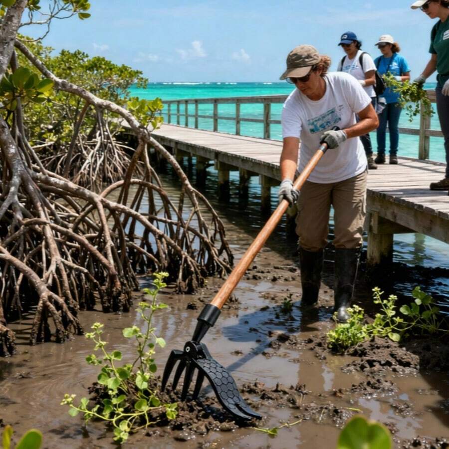 Black Aluminum 4-Tine Weeding Fork - 14.5cm Garden Root Puller Tool with Foot Pedal for Flower Bed, Vegetable Patch & Lawn Maintenance - Negro - Ver 1