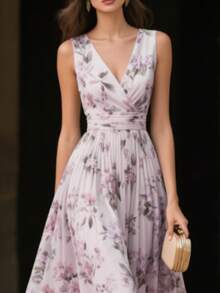 优雅无袖碎花雪纺连衣裙 - 浪漫V领收腰喇叭裙，春夏度假 - 淡紫色 - 查看 3