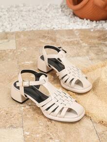 Giày sandal đế xuồng hở mũi cao gót thời trang nữ, giày dệt màu mơ mới cho mùa xuân/hè, sandal đế xuồng hở gót cao gót phù hợp mọi mùa, sandal đế xuồng quai ngang mắt cá chân mũi tròn đa năng, sandal đế xuồng khoét lỗ thoáng khí thoải mái cho đi chơi/nghỉ lễ/ngoài trời. - Màu be - Xem 6