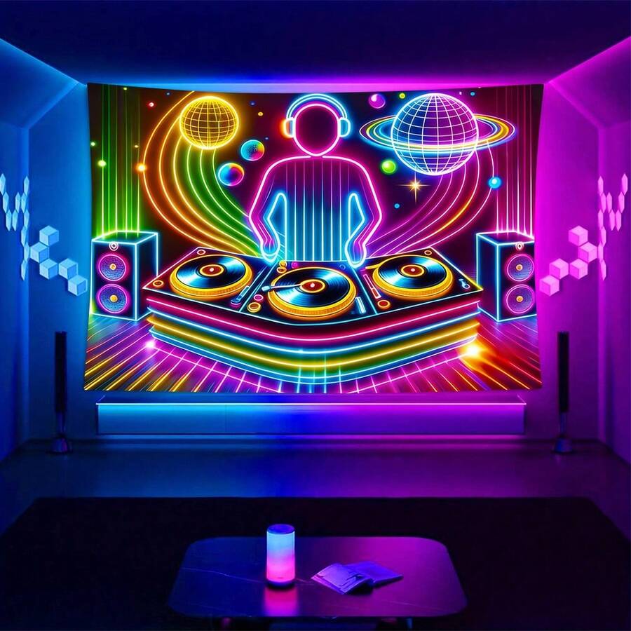 Versatile Glow-In-The-Dark DJ Neon Tapestry For Living Room, Bedroom, Game Room & Parties - Space Music Art - Multicolor - View 1