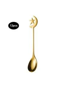 12pcs Stainless Steel Coffee Spoons, Moon & Star Pattern, Dessert Spoons, Mixing Spoons, Perfect For Afternoon Tea And Ramadan Gifts - Gold - View 7