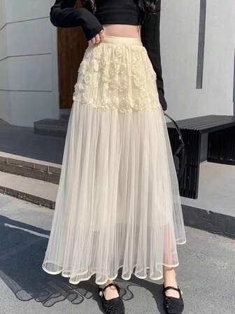 Summer Elegant Chic Women Solid Apricot Midi Skirts Fashion New Party Birthday Casual A-Line Vintage Skirt Female Going Out Beach Holiday Tulle Petticoat With 3D Flowers Ladies Vacation Back To School Gonna