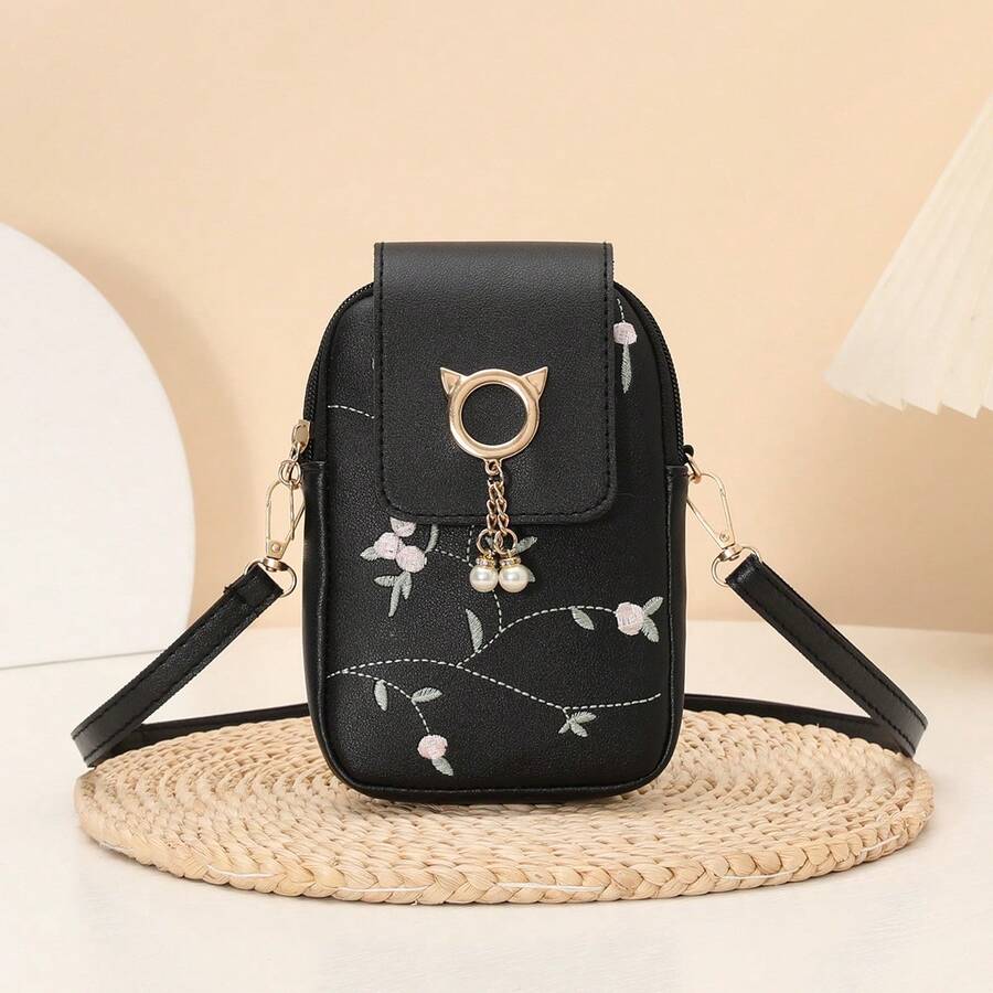 黑色手机包，女士斜挎包，叶子花朵刺绣PU皮单肩包，新款春夏时尚百搭小巧单肩包，甜美方形包，优雅女士手提包兼钱包 - 黑色 - 查看 1