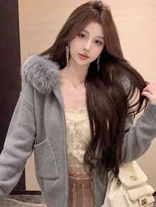 Women Zip-Up Knitted Cardigan With Faux Fur Collar Hoodie, Casual Autumn/Winter Top