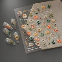 Peony Flower 5D Embossed Nail Stickers For Spring Nail Art Peony Nail Decals Rhinestones Nail Art Stickers With Gold Leaf Artificial Nails Supplies For Women Manicure Decorations - 風格10 - 查看 3
