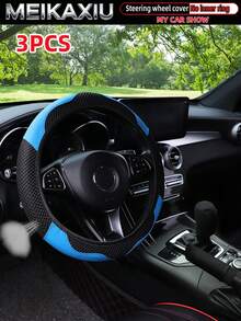 MEIKAXIU 3pcs/Set Mesh & PU Leather Patchwork Steering Wheel Cover, Handbrake Cover, Gear Shift Knob Cover Fit For 14.5-15 Inch Cars Decoration Accessories - Mesh Leather Sport - View 23