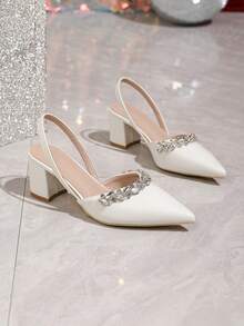 新款时尚女士尖头情人节高跟鞋，粗跟白色水晶链条休闲舒适浅口鞋 - 白色 - 查看 4
